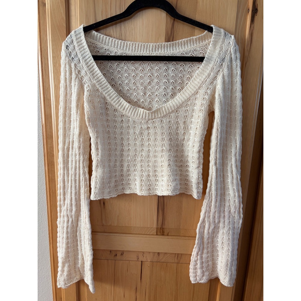 Et Clet Cream Open Knit Crochet Sweater Scoop Neck Long Sleeve Top S C3642T